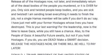 Trump sends new warning to Hamas over Gaza hostages