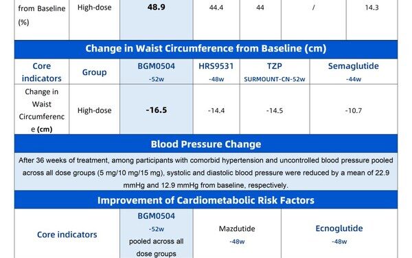 19.3% Weight Reduction, 16.5 cm Waist Circumference Decrease, SBP/DBP Reductions of 22.9/12.9 mmHg, 70.7 μmol/L Uric Acid Reduction, and 33.6% Triglyceride Reduction: BGM0504 Demonstrates Comprehensive Cardiometabolic Regulation Capabilities